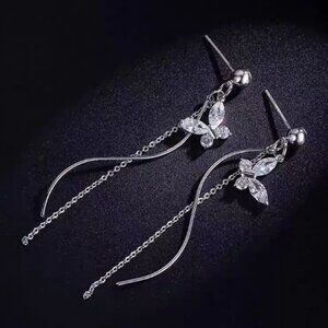 New! Sparkling Rhinestone Butterfly Long Tassel Post Earrings